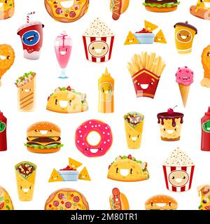 Cartoon fast food personaggi senza giunture. Piatti da asporto sfondo vettoriale con soda, icecream, popcorn e pizza, patatine fritte, burrito messicano, shawarma e hamburger, senape personaggi divertenti Illustrazione Vettoriale