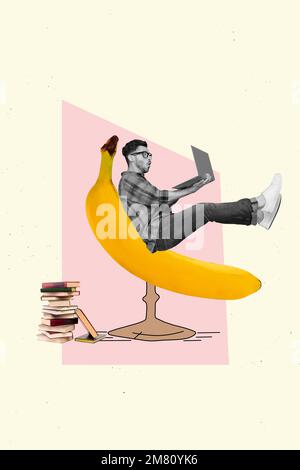 Collage creativo della mascherina della rivista del tipo del programmatore del nerd siede la sedia unica banana decorazione che lavora il laptop che studia i libri Foto Stock