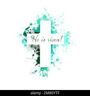 È risorto. Illustrazione vettoriale. Simbolo di congratulazioni per la risurrezione di Cristo. Croce religiosa. Buona Pasqua. Illustrazione Vettoriale