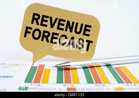 Concetto aziendale. Sui grafici finanziari si trova una penna e un segno con l'iscrizione - previsione di reddito Foto Stock