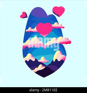 Buon giorno di San Valentino, cuore icona astratta con nuvole e cielo blu Illustrazione Vettoriale