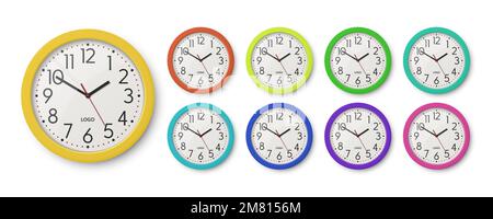 Vector 3D colori realistici diversi Orologio da ufficio a parete rotonda, modello di progettazione isolato. Quadrante bianco, Mock-up di Orologio da parete per marcare a caldo, Pubblicità Illustrazione Vettoriale