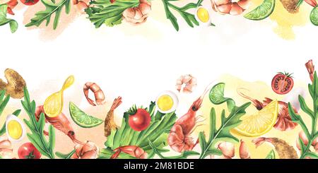 Gamberetti con verdure, uova ed erbe aromatiche. Illustrazione acquerello. Bordo senza cuciture della collezione DI GAMBERETTI. Per la progettazione e la progettazione di Foto Stock