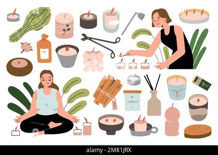 Donne rilassate usando candele profumate, odoranti, illuminanti candele profumate, meditanti. Legno di Palo santo, salvia, illustrazioni vettoriali Illustrazione Vettoriale