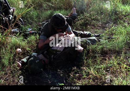Hospital Corpsman 3rd Classe (hm3) Dunn applica una medicazione a pressione alla Lance Corporal Martin 'ferita' durante l'operazione KERNAL BLITZ. Subject Operation/Series: KERTAL BLITZ base: Barking Sands, Kauai Stato: Hawaii (HI) Paese: Stati Uniti d'America (USA) Foto Stock