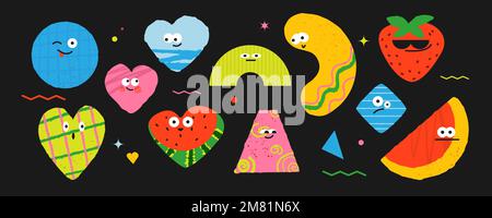 Set di forme geometriche futuristiche colorate sotto forma di cuore, stella, frutta, elementi astratti di design luminoso, sfondo creativo alla moda. Vettore Illustrazione Vettoriale