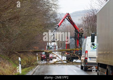 BOSZENFA, UNGHERIA - GENNAIO 10 2023: Albero caduto ha bloccato la strada e ha causato congestione sulla strada Boszenfa. Gennaio 10 2023 Boszenfa, Ungheria Foto Stock