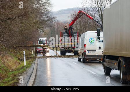 BOSZENFA, UNGHERIA - GENNAIO 10 2023: Albero caduto ha bloccato la strada e ha causato congestione sulla strada Boszenfa. Gennaio 10 2023 Boszenfa, Ungheria Foto Stock