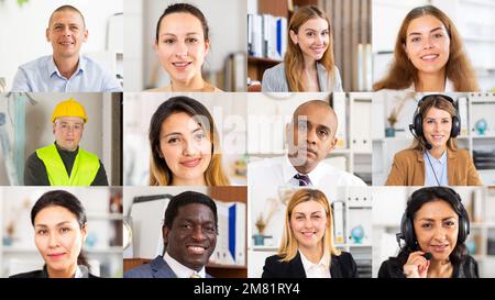 Collage di ritratti di gruppo di età mista di professionisti aziendali focalizzati Foto Stock