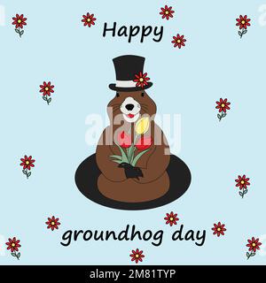 Immagine colorata di un ruscello in un cappello con un bouquet di fiori di tulipano che escono dal suo foro. Design per il biglietto d'auguri Groundhog Day. Adesivo. Icona. Ideale per poster, banner o cartellini, schede. EPS Illustrazione Vettoriale