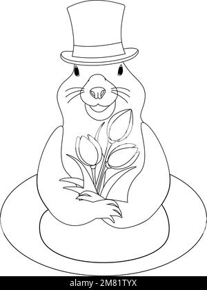 Immagine di contorno del ruscello in un cappello con un bouquet di fiori di tulipano che escono da un foro. Buon giorno Groundhog. Isolare. Art. Linea Disegno di contorno. Libro da colorare. Ottimo per poster, banner o prezzo. EPS Illustrazione Vettoriale