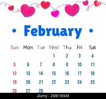 Febbraio 2023 Calendario. Febbraio 2023 Calendario illustrazione vettoriale con cuori carini. Modello vettoriale calendario, design semplice e minimo. Calendario Templat Illustrazione Vettoriale