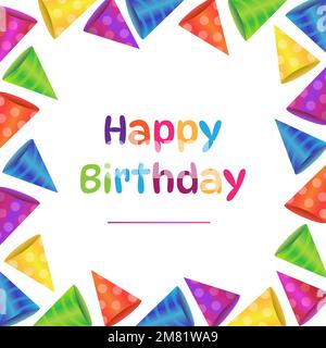 Sfondo colorato Happy Birthday o Party con cappelli Birthday su sfondo bianco. Vista superiore con spazio di copia. Illustrazione Vettoriale