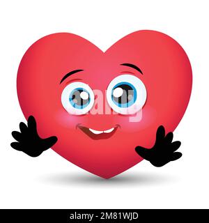Carino rosso Vector illustrazione del cuore personaggio cartone animato con sorriso e mani nere. Illustrazione Vettoriale