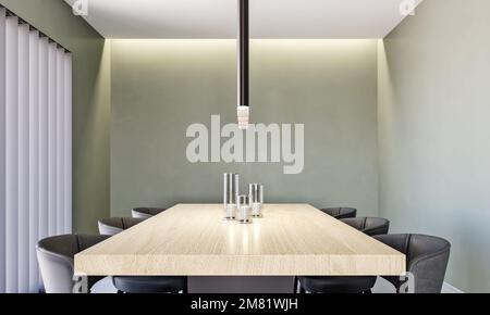 Tavolo da pranzo in rovere chiaro e verde oliva sfondo pareti, interni moderni, sala da pranzo, primo piano, stile scandinavo, Rappresentazione 3D, illustrazione 3D Foto Stock