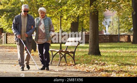 Donna anziana che aiuta il marito cieco disabile in occhiali da sole a camminare attraverso il parco. Foto di alta qualità Foto Stock
