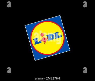 Lidl, logo ruotato, sfondo nero Foto Stock