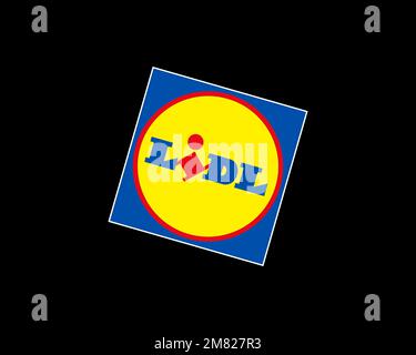 Lidl, logo ruotato, sfondo nero B Foto Stock