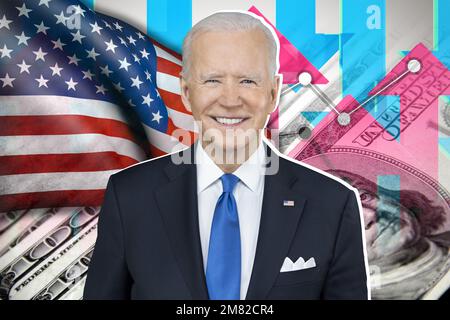 Joe Biden, bandiera degli Stati Uniti, frecce su e giù e banconote in dollari Foto Stock