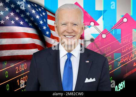 Joe Biden, bandiera degli Stati Uniti, indicatori del mercato azionario e frecce su e giù Foto Stock