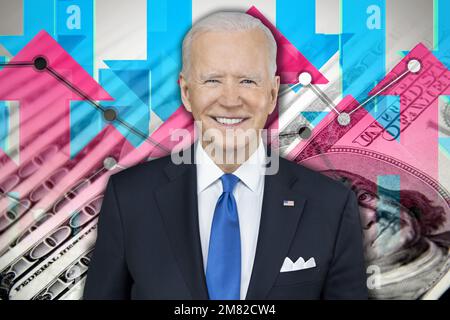 Joe Biden, frecce su e giù e banconote in dollari Foto Stock