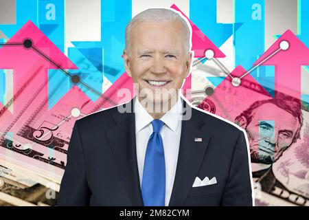 Joe Biden, frecce su e giù e banconote in dollari Foto Stock