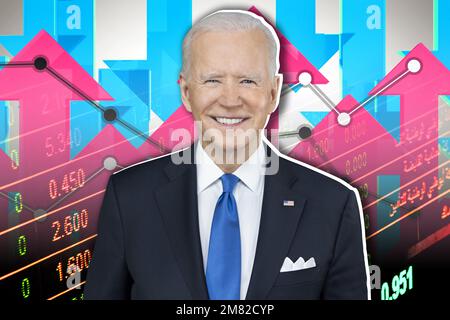 Joe Biden, frecce su e giù e indicatori del mercato azionario Foto Stock