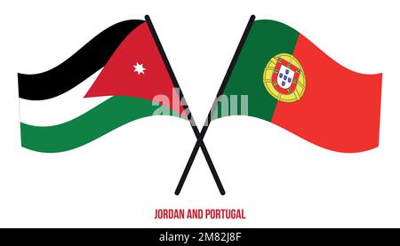 Jordan e Portugal Bandiere incrociate e ondulate in stile piatto. Proporzione ufficiale. Colori corretti. Illustrazione Vettoriale