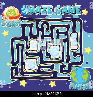 Modello del gioco del labirinto nel tema dello spazio per l'illustrazione dei bambini Illustrazione Vettoriale