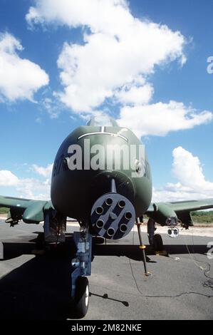 Vista frontale di un velivolo a-10 Thunderbolt II della Guardia Nazionale del Massachusetts Air, parcheggiato sulla linea di volo durante l'esercizio opportuno Journey '84. L'A-10 è armato di un cannone avenger 30mm della GAU-8/A. Data esatta dell'acquisizione sconosciuta. Soggetto operativo/Serie: OPPORTUNUNE JOURNEY '84 base: Naval Air Station, Barbers Point Stato: Hawaii (HI) Paese: Stati Uniti d'America (USA) Foto Stock