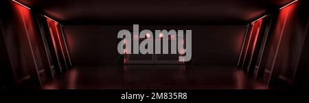 Sala scura con porta in metallo chiusa e illuminazione a lampada al neon rosso. Rappresentazione vettoriale realistica di laboratorio segreto, veicolo spaziale alieno, interno di riparo bomba con porta scorrevole. Edificio futuristico Illustrazione Vettoriale