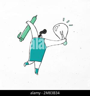 Vettore donna intelligente che tiene la penna e l'icona di cartone animato lampadina Illustrazione Vettoriale