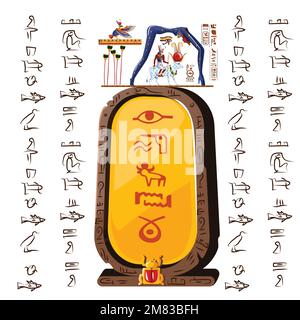Antico Egitto argilla o pietra vettore cartoni animati con geroglifici e simboli religiosi della cultura egiziana, Ra siede sul dorso della mucca, sopra di esso in forma di nut dea del cielo notturno, Ra lasciando per la leggenda del cielo Illustrazione Vettoriale