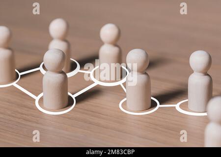 Social connections by white lines with people figurines , Call for cooperation creare una nuova squadra e contatti d'azione nella società Foto Stock