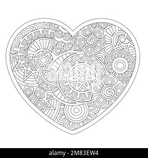 Modello di mandala a forma di cuore per San Valentino. Pagina del libro di colorazione vettoriale per adulti Illustrazione Vettoriale