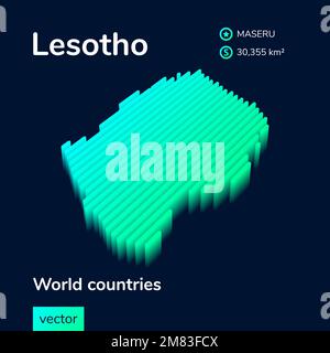 3D mappa del Lesotho. La mappa vettoriale isometrica stilizzata a righe del Lesotho è in colori verde neon e menta sullo sfondo blu scuro Illustrazione Vettoriale