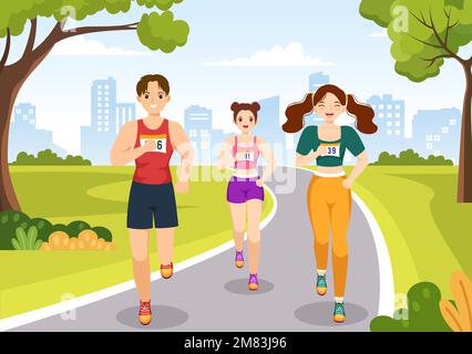 Marathon Race Illustration con persone che corrono, jogging torneo sportivo e Run per raggiungere il traguardo in piano Cartoon modello disegnato a mano Illustrazione Vettoriale