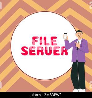 Didascalia di testo con file server. Dispositivo fotografico concettuale che controlla l'accesso ai dati memorizzati separatamente Foto Stock