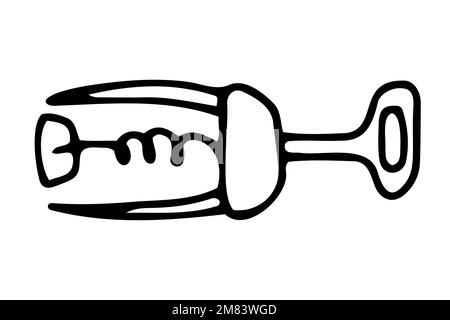 Immagine apribottiglie a doodle. Contorno Wing cavatappi isolato su sfondo bianco. Utensili da cucina disegnati a mano, stoviglie per bevande, piatti per bevande, Illustrazione Vettoriale