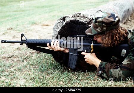 Una donna Marine Recruit spara un fucile M-16A2 da una posizione prona durante l'addestramento di base presso il Marine Corps Recruit Depot. Base: USMC Recruit Depot,Parris Island Stato: South Carolina (SC) Paese: Stati Uniti d'America (USA) Foto Stock
