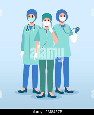 Team medico . Chirurghi con camici chirurgici. Personaggi dei cartoni animati . Vettore . Illustrazione Vettoriale