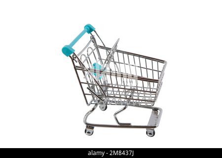 Einkaufswagen wie im Supermarkt, hier mit Euroseinen oder Kleingeld gefüllt. Symbolbild, freigestellt. Foto Stock