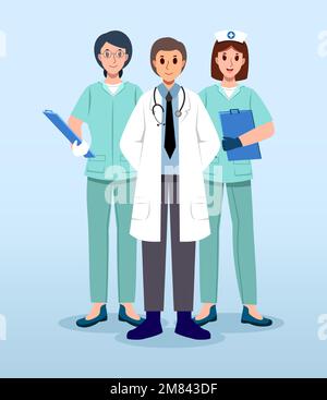 Team medico . Medici e assistente infermieri . Personaggi dei cartoni animati . Vettore . Illustrazione Vettoriale