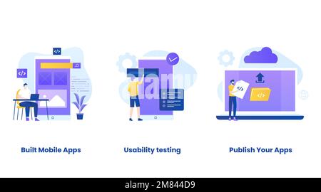 Set di illustrazioni vettoriali per il concetto di sviluppo di app mobili. Illustrazioni per siti Web, landing page, applicazioni mobili, poster e banner. Illustrazione Vettoriale