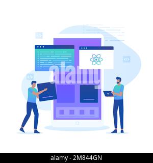 Illustrazione piatta del concetto di programmatore nativo React. Illustrazione per siti Web, landing page, applicazioni mobili, poster e banner. Illustrazione Vettoriale