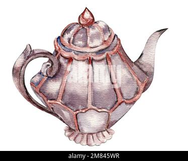 Acquerello illustrazione di un vecchio teapot.an vecchio elemento di smalto arrugginito. Disegnato a mano in acquerello su sfondo bianco. Perfetto per un invito di nozze, Foto Stock