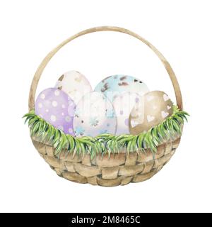 Acquerello disegnata a mano la clipart di festa di Pasqua. Cestino con uova dipinte, erba, coniglietti, colore pastello. Isolato su sfondo bianco Design per Foto Stock