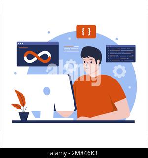 Progettazione piatta della tecnologia di sviluppo e delle operazioni. Illustrazione per siti Web, landing page, applicazioni mobili, poster e banner. Appartamento alla moda Illustrazione Vettoriale