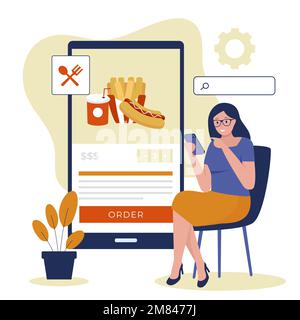 donna che ordina cibo online tramite app. Illustrazione per siti Web, landing page, applicazioni mobili, poster e banner. Trendy vettore piatto illustrati Illustrazione Vettoriale