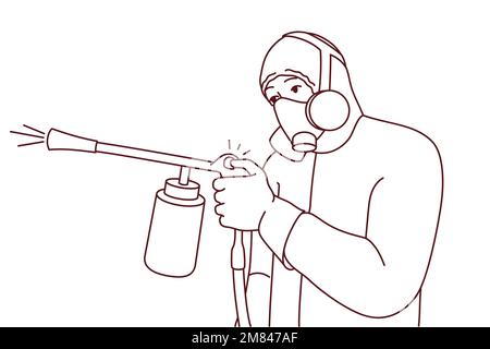 Uomo in protezione uniforme spruzzando pesticida per uccidere insetti e roditori. Sterminatore maschio o lavoratore di controllo di peste in vestito che fa la disinfezione. Illustrazione vettoriale. Illustrazione Vettoriale